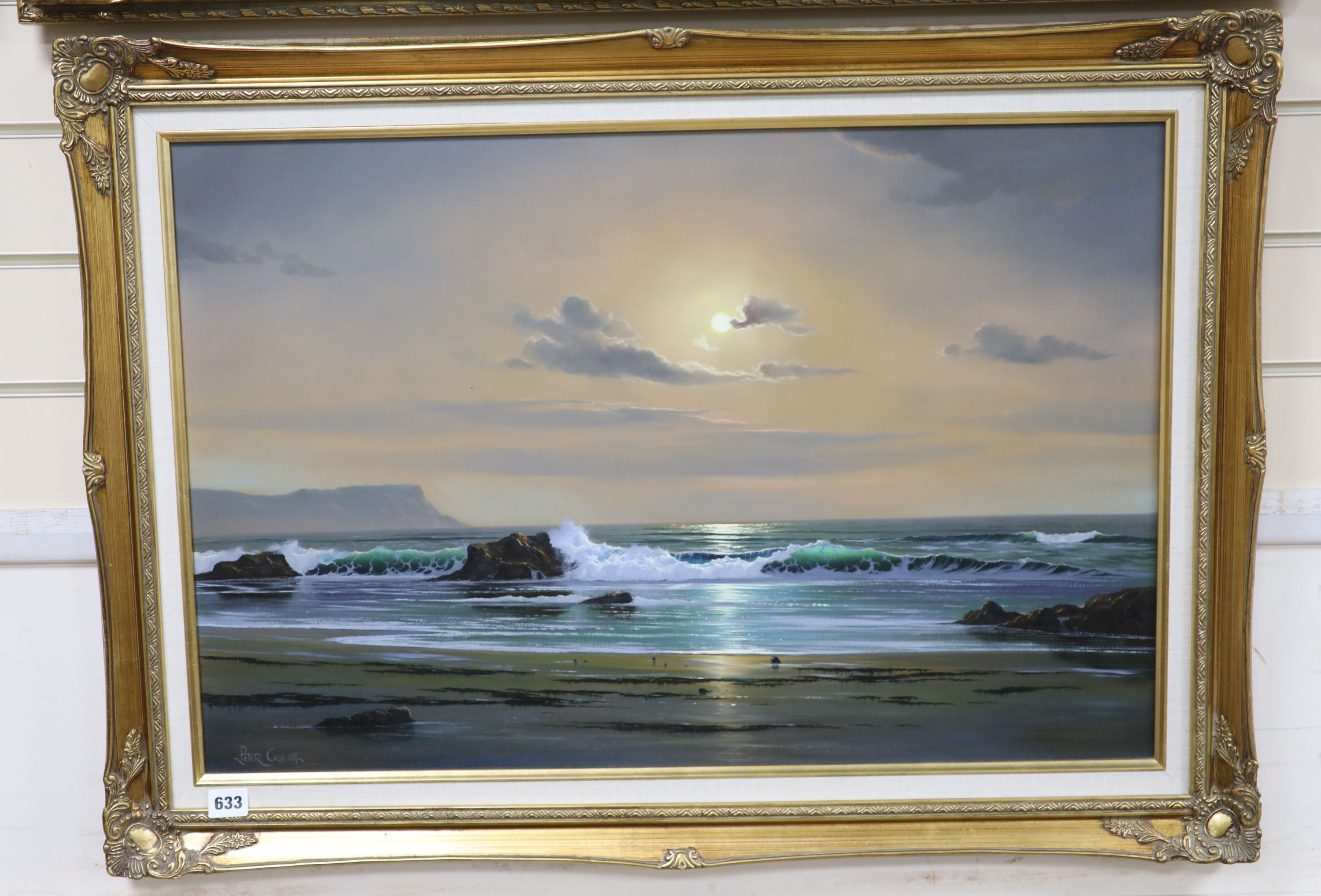 Peter Cosslett (1927-) oil on board, Waves breaking on the shore at sunset, signed, 50 x 75cm